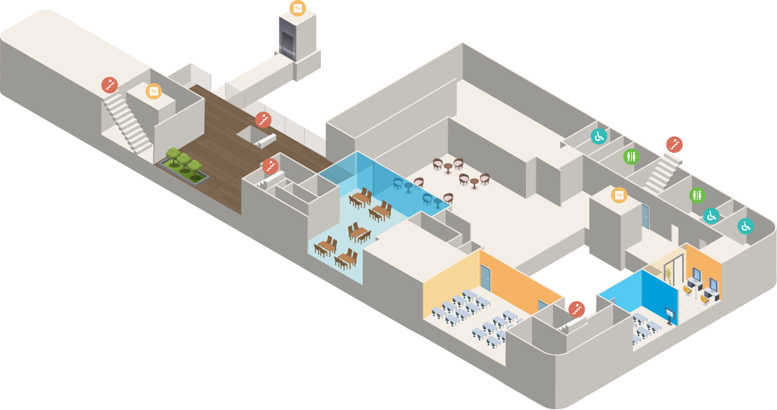 1.어울림테라스, 2.대회의실, 3.연수라운지, 4.세미나실, 5.분임토의실, 6.장애전용미용실이 포함된 실내 시설 조감도