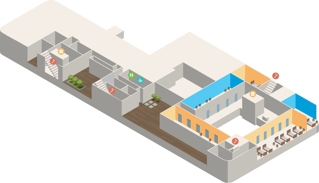 1.연수숙실 10~15, 2.연수숙실 16~20, 3.연수숙실 1,2, 4.연수숙실 5~9, 5.연수숙실 3,4가 포함된 실내 시설 조감도