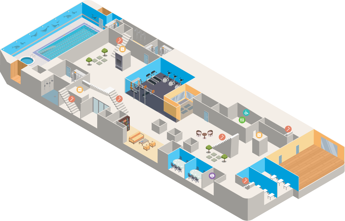 1.수영장, 2.도서관·종합자료실, 3.체력단련실, 4.스트레칭GX존, 5.문화교실, 6.라운지카페, 7.문화센터, 8.다목적강당 이 포함된 실내 시설 조감도