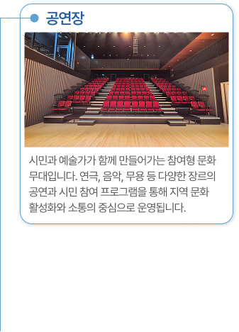 공연장 시민과 예술가가 함께 만들어가는 참여형 문화 무대입니다. 연극, 음악, 무용 등 다양한 장르의 공연과 시민 참여 프로그램을 통해 지역 문화 활성화와 소통의 중심으로 운영됩니다.